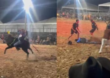 Peão desmaia após queda em etapa classificatória do rodeio da ExpoSena 2025