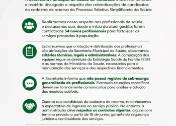 Secretaria municipal de saúde divulga nota de esclarecimento sobre reivindicações do cadastro de reserva