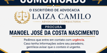 Escritório da advogada Laiza Camilo procura, com urgência, Manoel José da Costa Nascimento