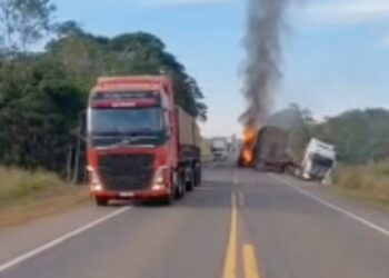 Homem sobe em carreta em chamas para salvar bois após colisão na BR-364